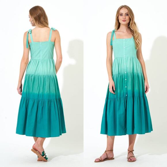 Oliphant NEW‎ Tie Strap Button Cotton Poplin Midi Dress in Ombre Green - Size XS